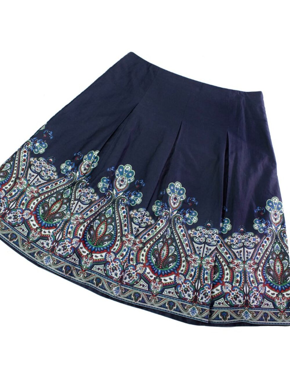 Talbots Navy Blue Paisley Border Print Cotton Pleated Skirt Size 14 Midi